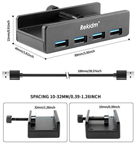 USB Hub 3.0 - Rekidm 4 Port Aluminum USB 3.0 Hub Clamp Design for Desktop, Computer, PC, Table Edge