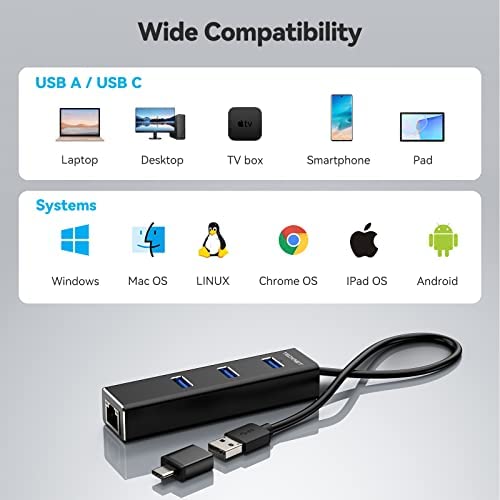 Amazon.com: TECKNET USB to Ethernet Adapter, USB C to Ethernet, Aluminum 3 Port USB 3.0 Hub with RJ4