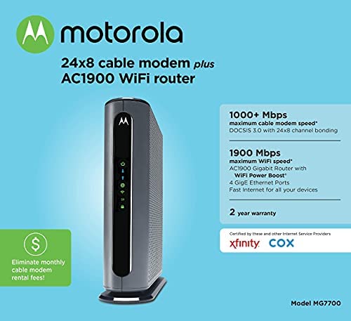 Motorola MG7700 Modem WiFi Router Combo with Power Boost | Approved by Comcast Xfinity, Cox and Spec