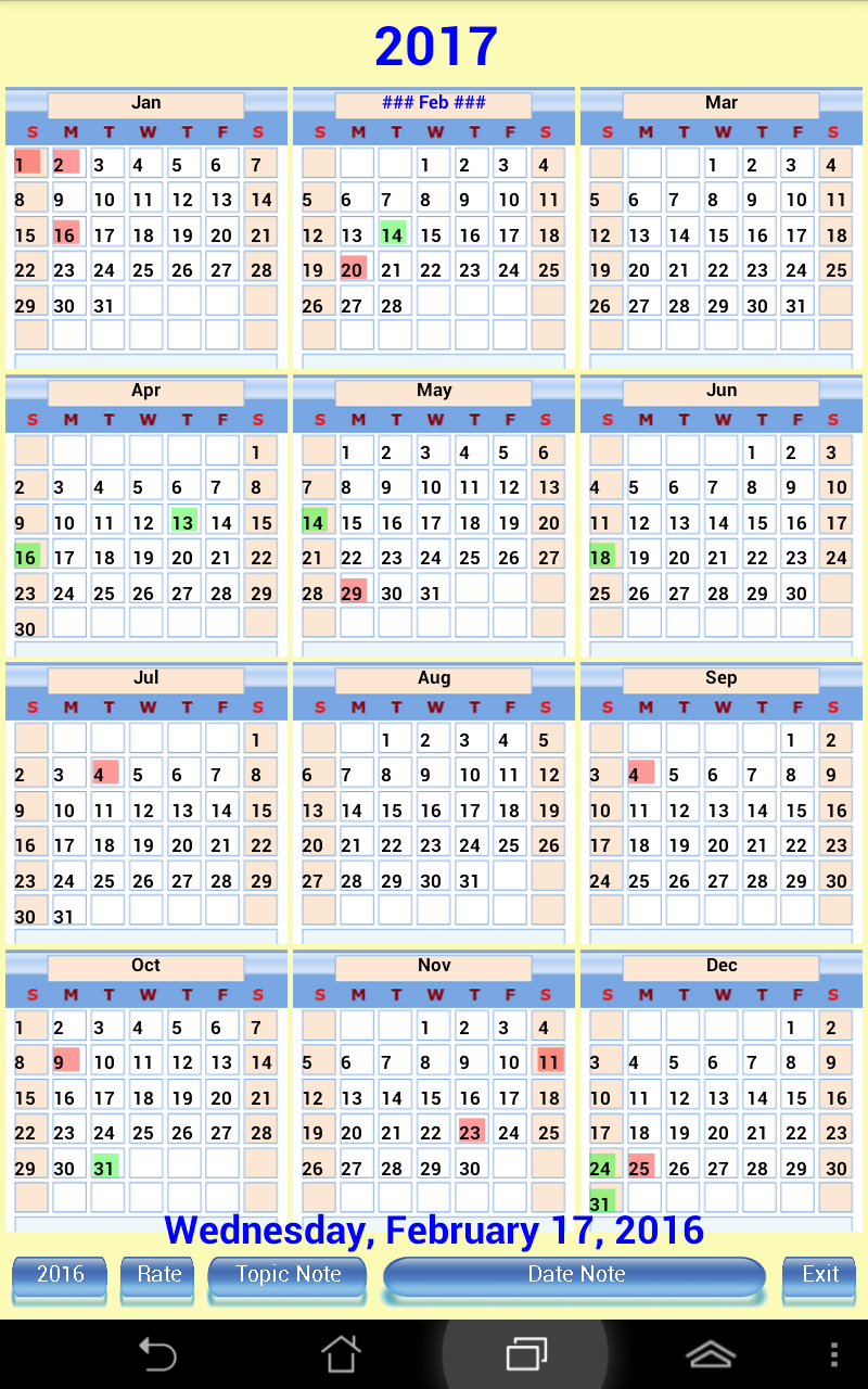 US Calendar Note 2016/2017