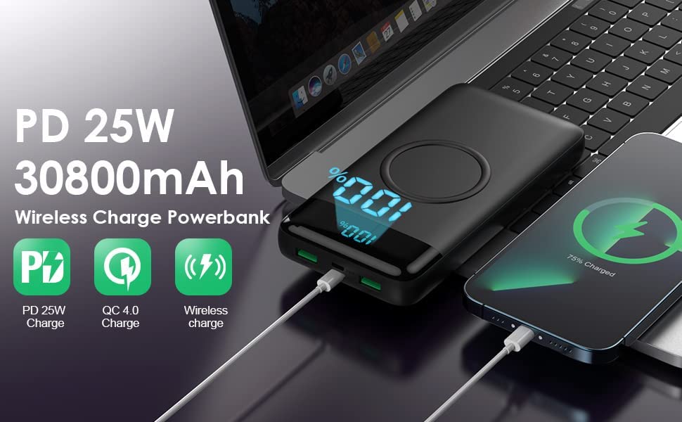 Wireless Portable Charger 30,800mAh 15W Wireless Charging 25W PD QC4.0 Fast Charging Smart LED Displ