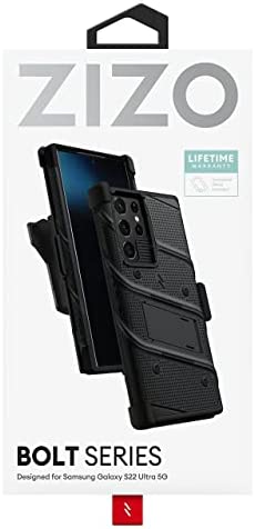 ZIZO Bolt Bundle for Galaxy S22 Ultra Case with Screen Protector Kickstand Holster Lanyard - Black