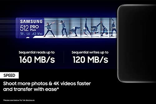 SAMSUNG PRO Plus + Adapter 512GB microSDXC Up to 160MB/s UHS-I, U3, A2, V30, Full HD & 4K UHD Me